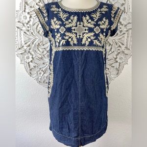 {Ivy Jane} Mexican Inspired Embroidered Chambray Denim Dress, Size S